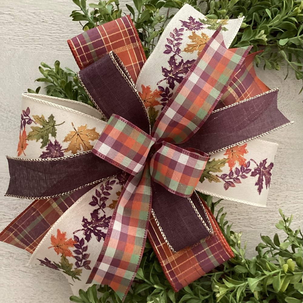 Autumn Plaid and Leaf Purple Bow - Picture 2 of 3